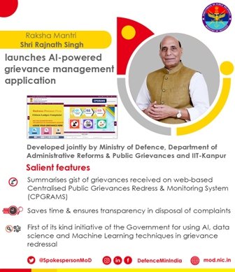 Raksha Mantri launches AI-powered grievance management application for Central Government