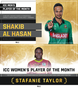 Shakib Al Hasan of Bangladesh and Stafanie Taylor of West Indies named Player of the Month awards for July 2021